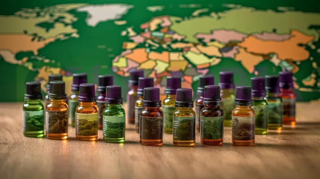 Карта на света, подчертаваща държавите, в които CBD маслото се използва за лечение, включително САЩ, Канада, България и няколко европейски страни.