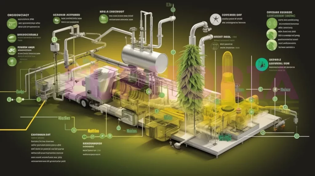 Диаграма на процеса, показваща екстракцията и производството на CBD масло от конопени растения.