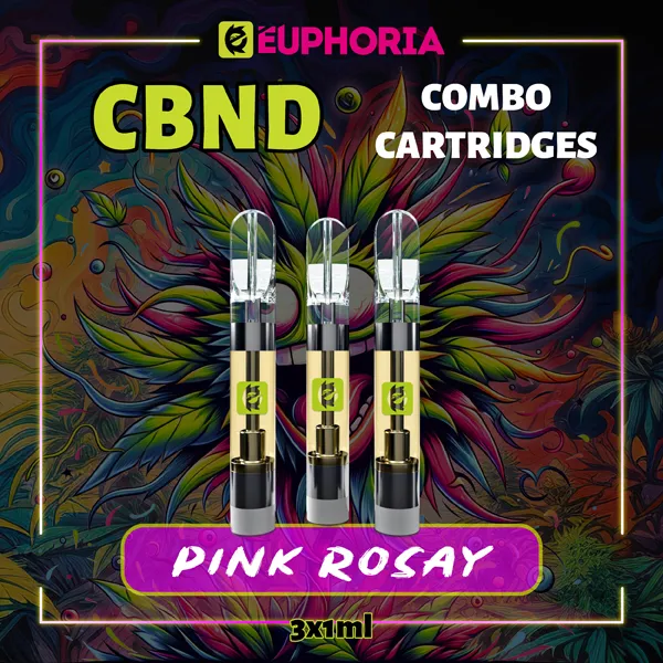 Комбо 3 CBND пълнителя Pink Rosay от E-Euphoria, 3x1мл" Кратко описание: "Комбо пакет от 3 CBND пълнителя Pink Rosay от E-Euphoria, 1мл всеки. Цветен и освежаващ вкус за пълна релаксация." Пълно описание: "Насладете се на комбо пакета от 3 CBND пълнителя Pink Rosay от E-Euphoria. Всеки пълнител съдържа 1мл висококачествен CBND, който предлага цветен и освежаващ аромат с релаксиращ ефект. Идеален за дълготрайно вейп удоволствие и спокойствие.