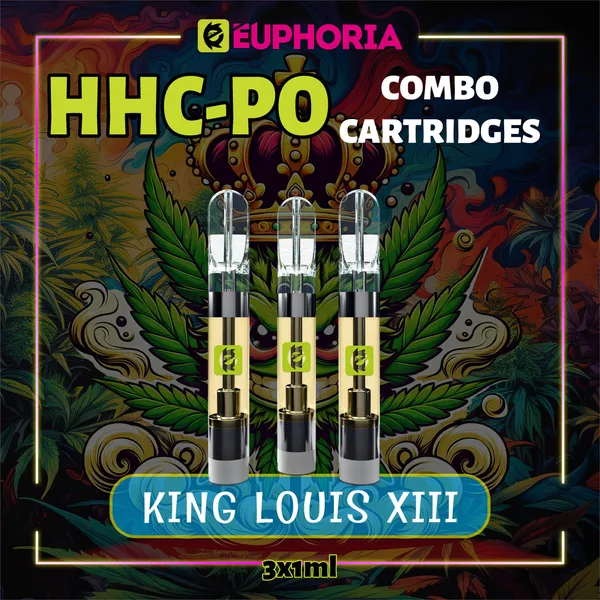 Комплект от три HHC-PO пълнителя от E-Euphoria по 1ml всеки, с дизайна на King Louis XIII